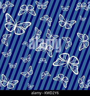 Blue striped background with white silhouettes of butterflies Stock Vector