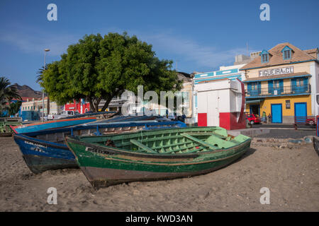 Fishing boats on the coast of Mindelo, island of San Vicente in Cape Verde Stock Photo