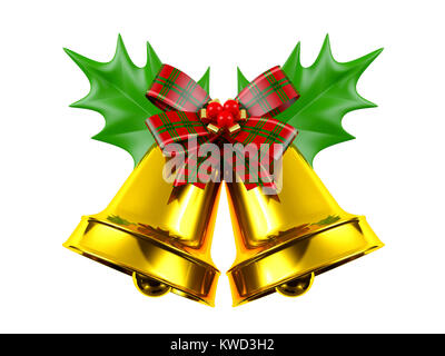 Christmas bell with holly isolated on white background, 3D rendering Stock Photo
