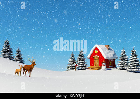 Christmas background with deer in a Christmas snowy landscape. Seasonal ...