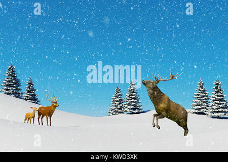 Arctic landscape scene, snow falling on reindeer in snowfield in winter season and Christmas day. 3D rendering Stock Photo