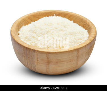 grated Parmesan cheese in wooden bowl on white background Stock Photo