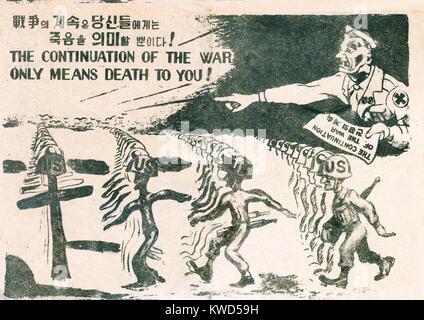 Propaganda leaflet distributed by Communists during the Korean War, 1950-53. 'The continuation of the war means only death to you.' The cartoon shows ranks of American soldiers morphing into grave markers. The Communists distributed leaflets in artillery shells or hand-dropped them from slow-flying biplanes at night. (BSLOC 2014 11 266) Stock Photo