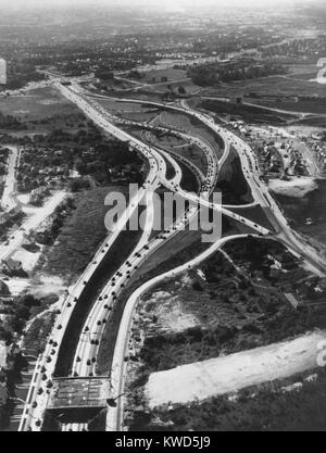 Aerial view of limited access highway on Long Island. The new roads provide access from the growing suburbs to New York City. Ca. 1946. (BSLOC 2014 13 190) Stock Photo