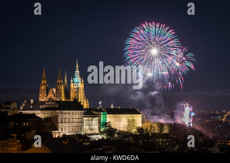 New Years fireworks in Prague 2018. View with the Cathedral of Saint Vitus from Petrin Hill