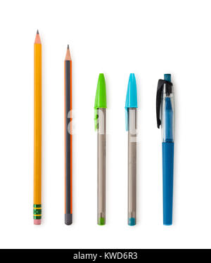 Collection of colorful pencils and different paintbrushes   isolated on white background. Stock Photo