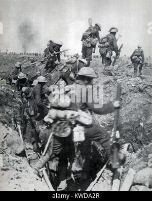 World War 1. Battle of Arras (April 9-12, 1917). The second wave of British infantry leaves their trenches. The battle was planned to draw German forces away from the Nivelle Offensive, 80 miles to the South. After initial successes, the battle became one of attrition, with 158,000 British and 125,000 German causalities. April 9-May 16, 1917. (BSLOC 2013 1 138) Stock Photo