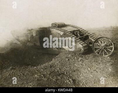 World War 1. Somme Offensive. One of the larger British tanks, the Mark I, spanning an enemy trench. The tank was introduced by the British on Sept. 15, 1916, during the Battle of Flers-Courcelette, of the Somme Offensive. (BSLOC 2013 1 153) Stock Photo