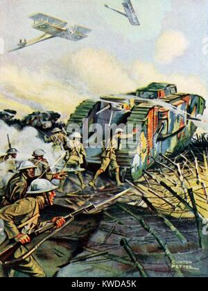 World War 1 Tanks. Illustration of a British tank in battle, crushing German barbed wire defenses, and sheltering British soldiers following. In the air are British military bi-planes. Ca. 1918. (BSLOC 2013 1 164) Stock Photo
