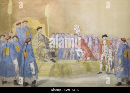 British Ambassador George MacCartney kneeling before the Qianlong Emperor of China, Sept 14, 1793. Standing behind the Emperor is Viceroy Liang Kentang and the future Jiaqing Emperor. To MacCartney's left are George Staunton and his Chinese speaking son, (BSLOC 2016 9 1)DUPLICATE REMOVED: SHOULD HAVE BEEN '7 Continents History', AS PER Barbara Schultz - DD Stock Photo