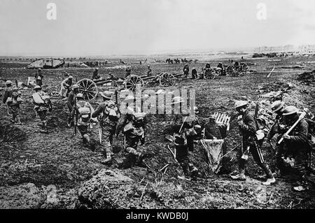 World War 1. British Empire forces grouping near Arras to attack German defenses. The infantry going to the communication trenches, the artillery and a tank are coming into action, the cavalry in the distance advances toward the retreating Germans. Ca. April 9-May 16, 1917. (BSLOC 2013 1 140) Stock Photo