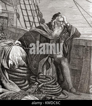 Christopher Columbus in chains on his way back to Spain after being arrested in Santo Domingo accused of tyranny and incompetence.  Christopher Columbus, c. 1450/1451 to 1506. Genoese explorer, navigator and colonizer.  From Ward and Lock's Illustrated History of the World, published c.1882. Stock Photo