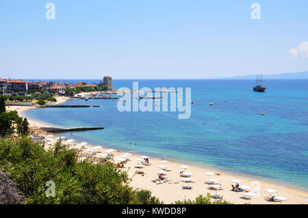 Byzantinum tower in Ouranoupoli of Halkidiki near mount Athos in Greece Stock Photo