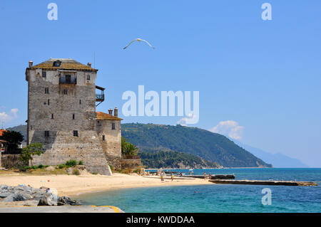 Byzantinum tower in Ouranoupoli of Halkidiki near mount Athos in Greece Stock Photo