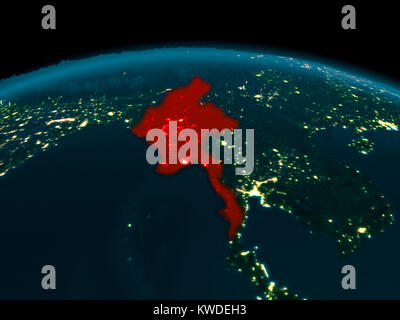 Country of Myanmar in red on planet Earth at night. 3D illustration. Elements of this image furnished by NASA. Stock Photo