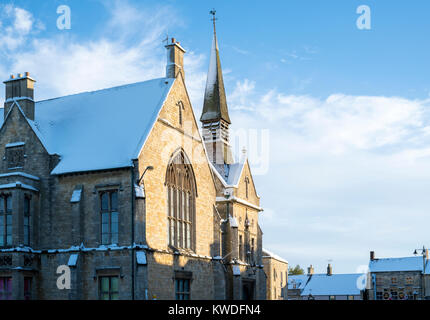 St Edwards hall in December in the snow. Stow on the Wold, Cotswolds, Gloucestershire, England Stock Photo