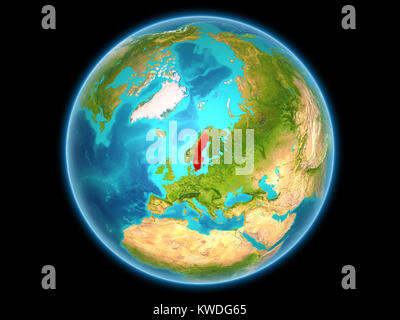 Sweden in red on planet Earth as seen from space on full sphere. 3D illustration. Elements of this image furnished by NASA. Stock Photo