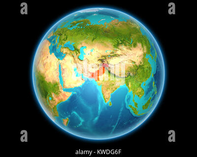 Pakistan in red on planet Earth as seen from space on full sphere. 3D illustration. Elements of this image furnished by NASA. Stock Photo