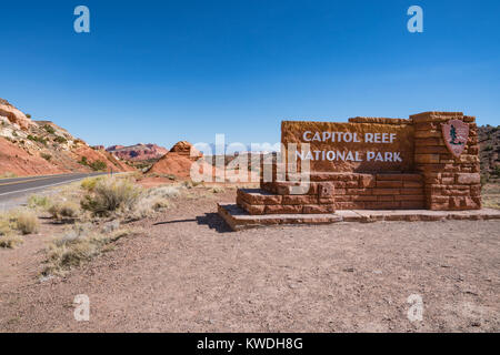 TORREY, UT - OCTOBER, 16 2017: Sign at the entrance to Capitol Reef National Park, Utah Stock Photo