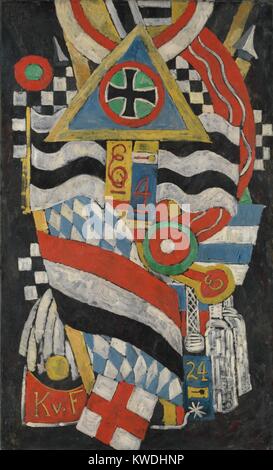 PORTRAIT OF A GERMAN OFFICIER, by Marsden Hartley, 1914, American painting, oil on canvas. Hartley’s composition is an abstract portrait of Karl von Freyburg, a Prussian lieutenant, a friend of the artist who died in World War 1. Von Freyburg is portrayed symbolically with the initials, K.v.F.; his regiment number, 4; his age at death, 24; and the Iron Cross that he received posthumously (BSLOC 2017 7 103) Stock Photo