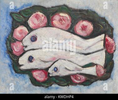 BANQUET IN SILENCE, by Marsden Hartley, 1935-36, American painting, oil on canvas. Still life of a plate of fish painted in a Hartleys personal synthesis of Cubism and German Expressionism (BSLOC 2017 7 110) Stock Photo