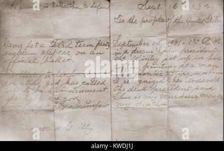 Letter by Theodore Roosevelts attempted assassin, written a month before the shooting. John Schrank dated it Sept. 15, 1912 and addressed to the people of the United States. Schrank described a dream in which President McKinley sat up in his coffin, identified Roosevelt as his murderer, and asked for revenge (BSLOC 2017 8 53) Stock Photo