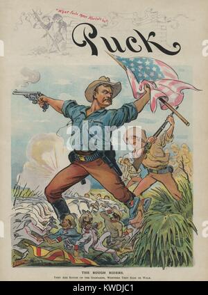THE ROUGH RIDERS, Puck Magazine illustration, July 27, 1898. The non-factual made-up image in this political cartoon depicts Theodore Roosevelt leading a charge, trampling tiny Spanish soldiers underfoot, during the Spanish American War in Cuba (BSLOC 2017 10 37) Stock Photo