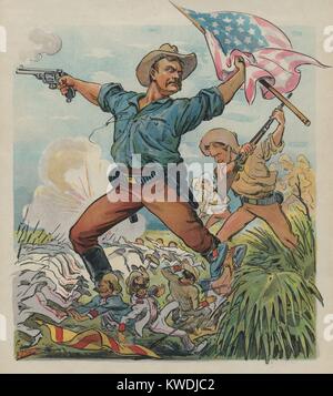 THE ROUGH RIDERS, Puck Magazine illustration, July 27, 1898. The non-factual made-up image in this political cartoon depicts Theodore Roosevelt leading a charge, trampling tiny Spanish soldiers underfoot during the Spanish American War in Cuba (BSLOC 2017 10 38) Stock Photo