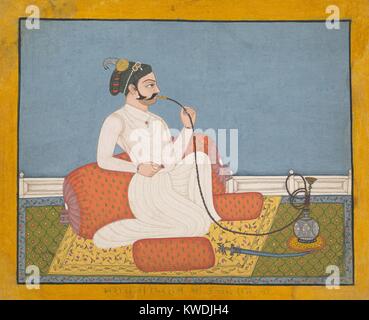 PORTRAIT OF THAKUR UTHAM RAM, 1750-60s, Indian painting, ink, opaque watercolor, silver on paper. A man of the Rajput elite, reclines on a cushion and smokes an hookah in an interior with carpets (BSLOC 2017 16 24) Stock Photo