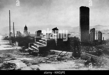 Step and chimney remain of a house after the April 18, 1906, San Francisco earthquake and fire. Photo by Arnold Genthe (BSLOC 2017 17 22) Stock Photo