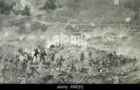 Battle of Liaoyang, a major land battle of the Russo-Japanese War, began on August 27, 1904. Japanese soldiers are shown charging into Russian ranks forcing them to retreat toward Mukden. Both sides suffered heavy casualties in fierce night fighting around the slopes of a mountain called Peikou, which fell to the Japanese (BSLOC 2017 18 110) Stock Photo