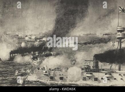 The Naval Battle of Yalu River, (Battle of Yellow Sea), Sept 17, 1894. Japanese flagship Matsushima in the midst of the largest naval battle of the First Sino-Japanese War (BSLOC 2017 18 82) Stock Photo