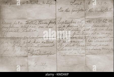 Letter by Theodore Roosevelts attempted assassin, written a month before the shooting. John Schrank dated it Sept. 15, 1912 and addressed to the people of the United States. Schrank described a dream in which President McKinley sat up in his coffin, identified Roosevelt as his murderer, and asked for revenge (BSLOC 2017 8 53) Stock Photo