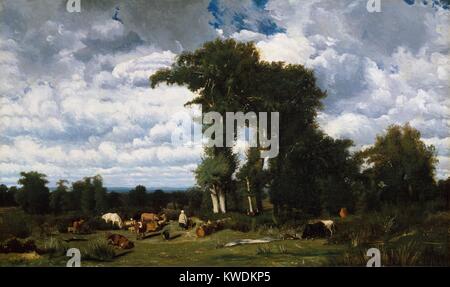 LANDSCAPE WITH CATTLE AT LIMOUSIN, by Jules Dupre, 1837, French painting, oil on canvas. Tall trees stand high against a bright cloud filled sky. The natural scene is occupied by a cattle herder with children. Dupre was a member of the Barbizon School, of Romantic realist painters (BSLOC 2017 9 101) Stock Photo