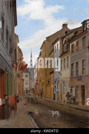 PAROCHIALSTRASSE IN BERLIN, by Eduard Gaertner, 1831, German painting, oil on canvas. Gaertner specialized in architectural painting in which he possibly used a camera obscura to compose. Rich with details, it includes street workers, drains, shop signs, dogs, foot, and carriage traffic. In the 1830s he enjoyed Royal patronage and flourished (BSLOC 2017 9 143) Stock Photo