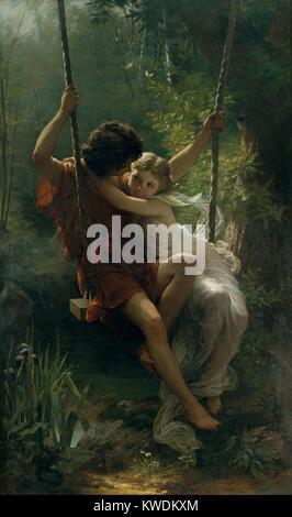 SPRINGTIME, by Pierre-Auguste Cot, 1873, French painting, oil on canvas. Young lovers in Greek costumes share a swing. They are painted with the artists beaux arts academic virtuosity (BSLOC 2017 9 57) Stock Photo
