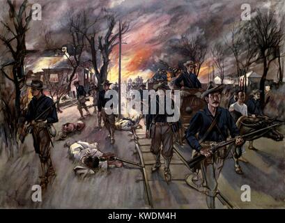 20th Kansas Volunteers marching through Caloocan at night after the battle of Feb. 10, 1899. Colonel Frederick Funstons unit guards an ammunition-train. Battle of Caloocan (2nd Battle of Manilla) took place 12 miles north of Manilla, during the Philippine-American War, between US occupation troops and Filipino insurgents, who retreated toward their capital, Malolos (BSLOC 2017 10 74) Stock Photo