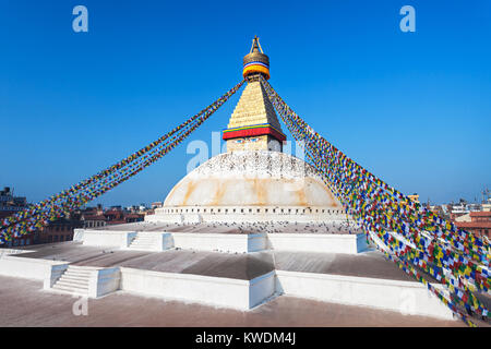 Boudhanath (also called Boudha, Bouddhanath or Baudhanath) is a buddhist stupa in Kathmandu, Nepal Stock Photo