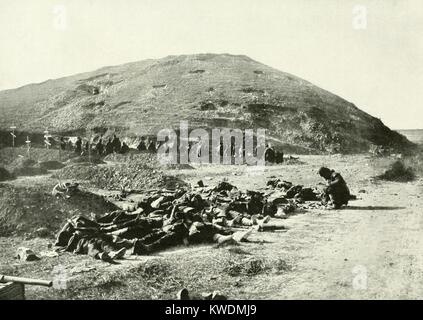 A close view of 203 Metre Hill from the Russian side before its capture by the Japanese. It was the highest point in Port Arthur, overlooking the harbor, where the Russian Pacific Fleet was blockaded. Japanese first attacked Hill 306 on Sept. 18, 1904, and finally prevailed on Dec. 5, 1904. Russo-Japanese War 1904-05 (BSLOC 2017 18 102) Stock Photo