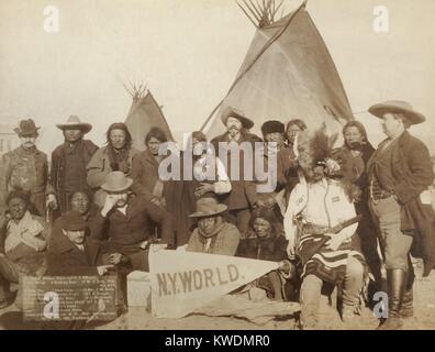 Euro-American and Lakota men at Pine Ridge Reservation on Jan. 16, 1891. They were attempting to re-establish peace after the Wounded Knee Massacre of Dec. 29, 1890. Standing and sitting in two rows in front of tipis. Men in front are holding a 'NY World' pennant. From Legend: Indian chiefs and US officials. 1. Two Strike. 2. Crow Dog. 3. Short Bull. 4. High Hawk. 5. Two Lance. 6. Kicking Bear. 7. Good Voice. 8. Thunder Hawk. 9. Rocky Bear. 10. Young Man Afraid of His Horse. 11. American Horse. 12. W.F. Cody (Buffalo Bill). 13. Maj. J.M. Burk. 14. J.C. Craiger. 15. J. McDonald. 16. J.G. Worth. Stock Photo