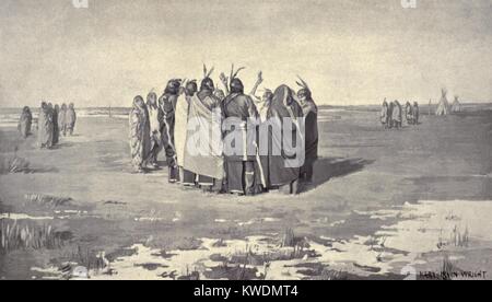 Native American Ghost Dancers in a small circle, holding hands, c. 1890. Among the tribes practicing the Ghost dance were: Paiute, Shoshoni, Arapaho, Cheyenne, Pawnee, and Lakota (Sioux). Reproduction of a painting by Mary Irvin Wright (BSLOC 2017 18 5) Stock Photo