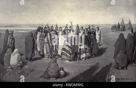 Native American Ghost Dancers in a circle, c. 1890. Dancers sang but usually made no use of drums, rattles, or other musical instruments. Reproduction of a painting by Mary Irvin Wright (BSLOC 2017 18 8) Stock Photo