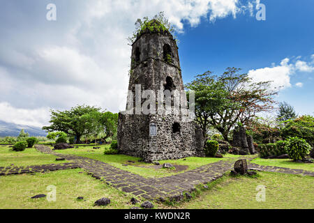 Cagsawa Ruins are the remnants of an 18th century Franciscan church, built in 1724 and destroyed by the 1814 eruption of the Mayon Volcano. Stock Photo