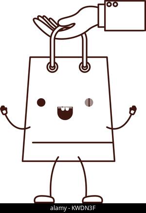 hand holding a trapezoid kawaii animated shopping bag in monochrome