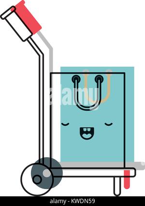 hand truck with kawaii shopping bag in watercolor silhouette Stock Vector