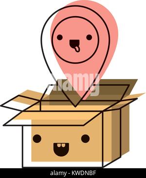 opened kawaii cardboard box with kawaii map pointer on top in watercolor silhouette Stock Vector