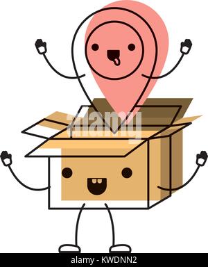 animated opened kawaii cardboard box with kawaii map pointer on top in watercolor silhouette Stock Vector