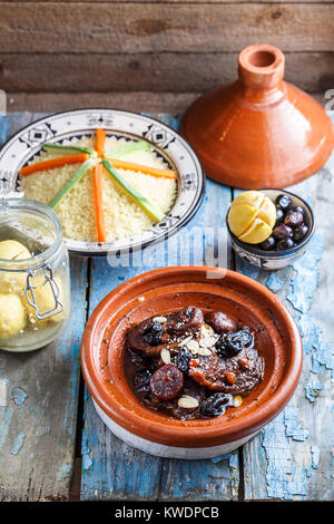 Delicious Moroccan tajine with beeef, prunes, raisins, figs and almonds Stock Photo