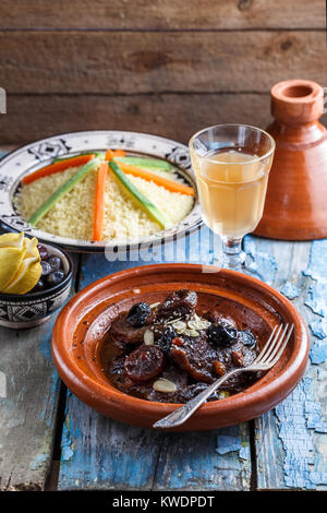 Delicious Moroccan tajine with beeef, prunes, raisins, figs and almonds Stock Photo