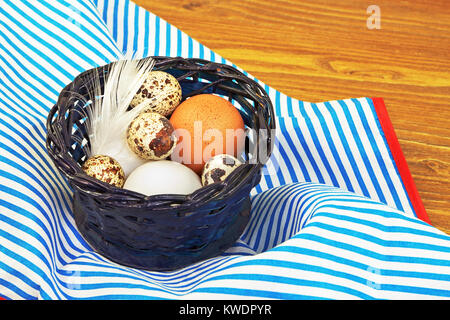 Various eggs in the blue basket on the kitchen apron Stock Photo